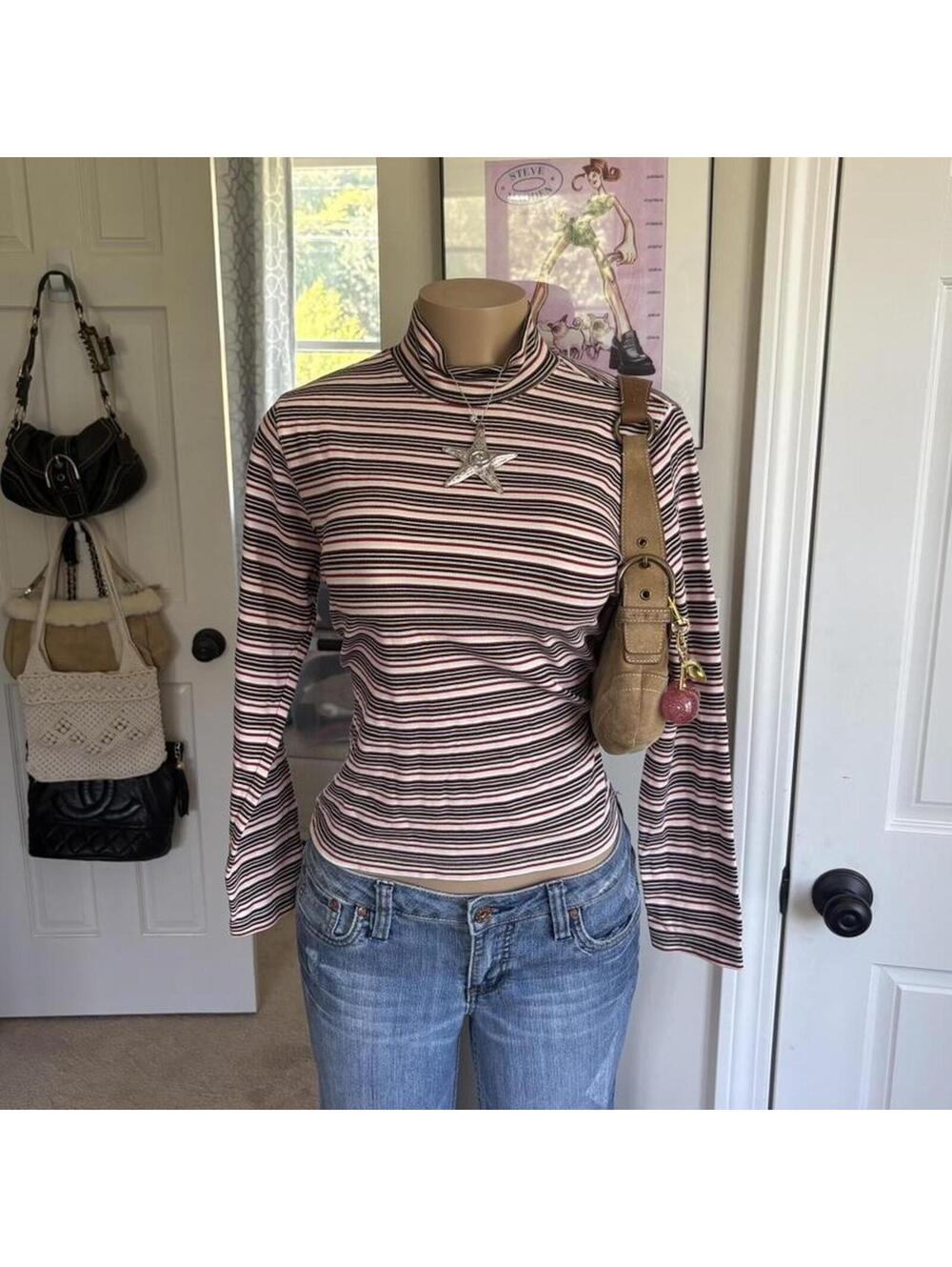 y2k 2000s striped turtleneck fitted long sleeve retro